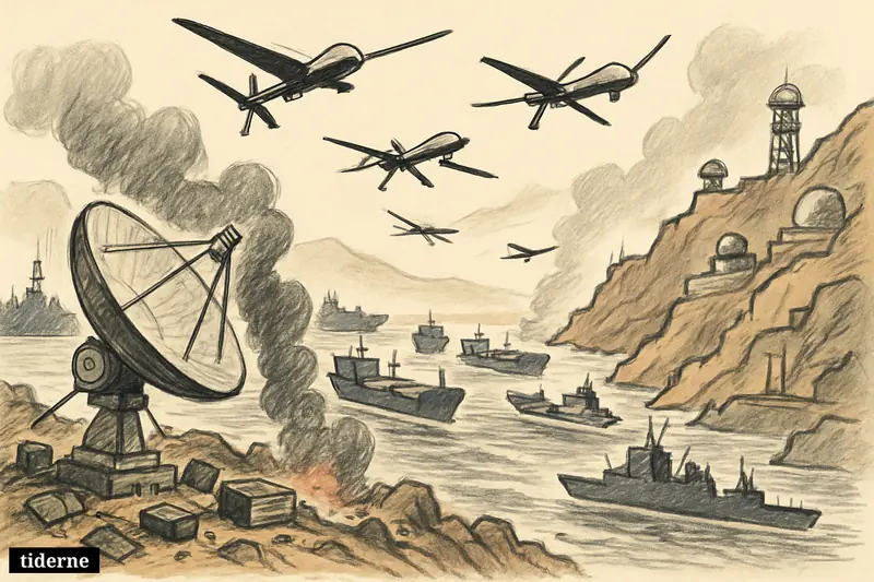 A damaged coastal radar site overlooks drones menacing cargo ships in the narrow Strait of Hormuz between opposing military shorelines.