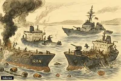 Two exaggerated oil tankers confront a U.S. warship in the Gulf of Oman, with smoke, attack boats, and blockade debris on the water.