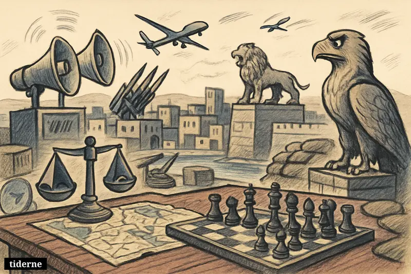A tense Middle Eastern city under air-raid alert, with sirens, missiles, drones, symbolic statues, and war props arranged in a confrontational scene.