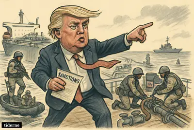 Caricature of Donald Trump on an oil tanker as U.S. naval forces board the ship in the Indian Ocean.