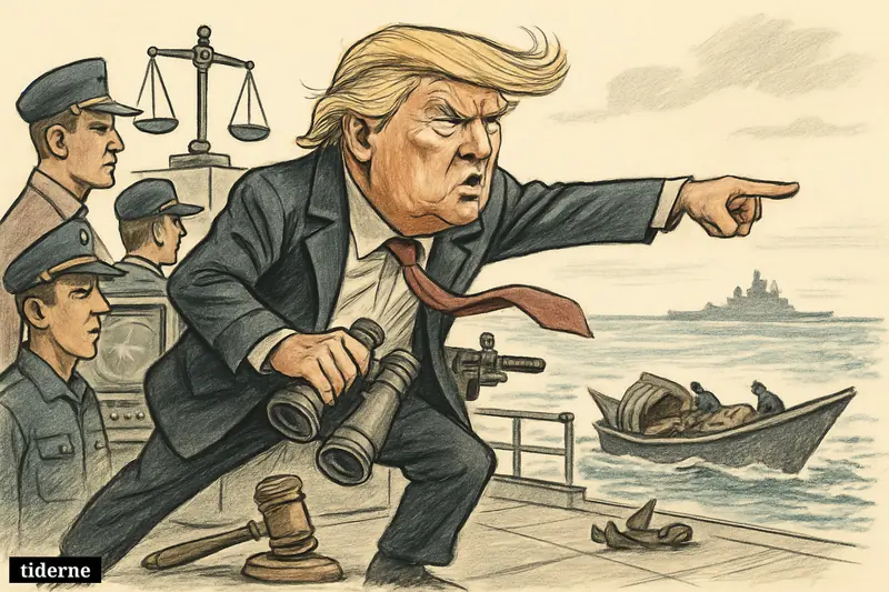 Donald Trump on a patrol vessel points at a damaged speedboat in the Caribbean, surrounded by military gear and neglected justice symbols.