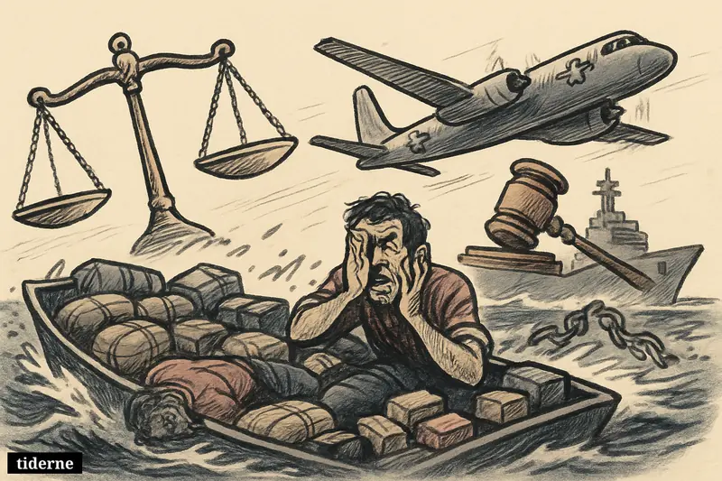 A smuggling boat at sea after a US strike, with two bodies, a frightened survivor, and legal symbols near military forces.
