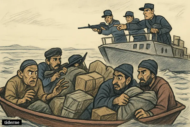 A caricature sea confrontation between a U.S. patrol vessel and a crowded smugglers’ boat loaded with hidden weapon cargo.