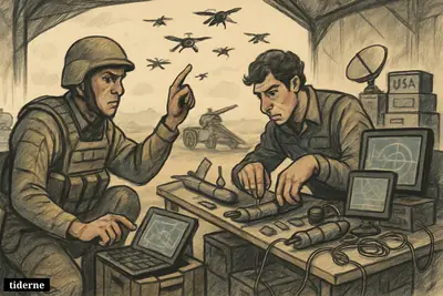 Ukrainian drone operators in a command hangar launch small drones as old heavy weapons sit behind them, showing a new tech-driven war.