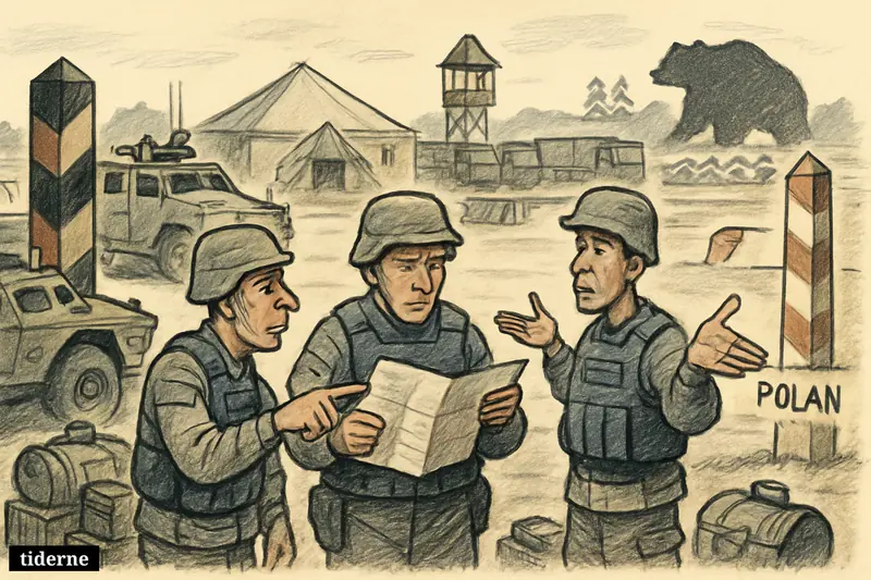 American soldiers and military vehicles wait at a border staging area, their halted movement symbolizing a canceled redeployment from Germany to Poland.