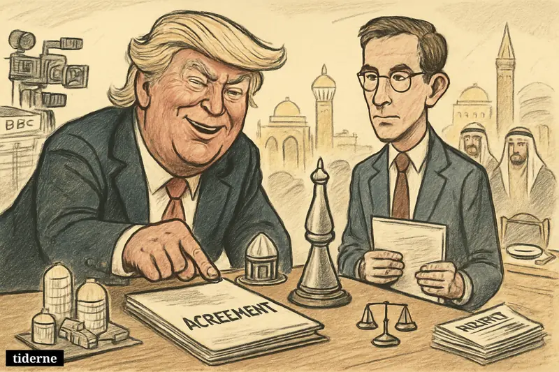 Caricature of Donald Trump and Matthew Kroenig at a table with a nuclear agreement, Saudi observers, and media equipment in the background. (AI-genereret illustration)
