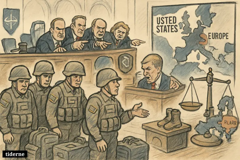 Disappointed U.S. soldiers with packed gear stand in Congress as lawmakers criticize a halted deployment to Poland beside a Europe map.