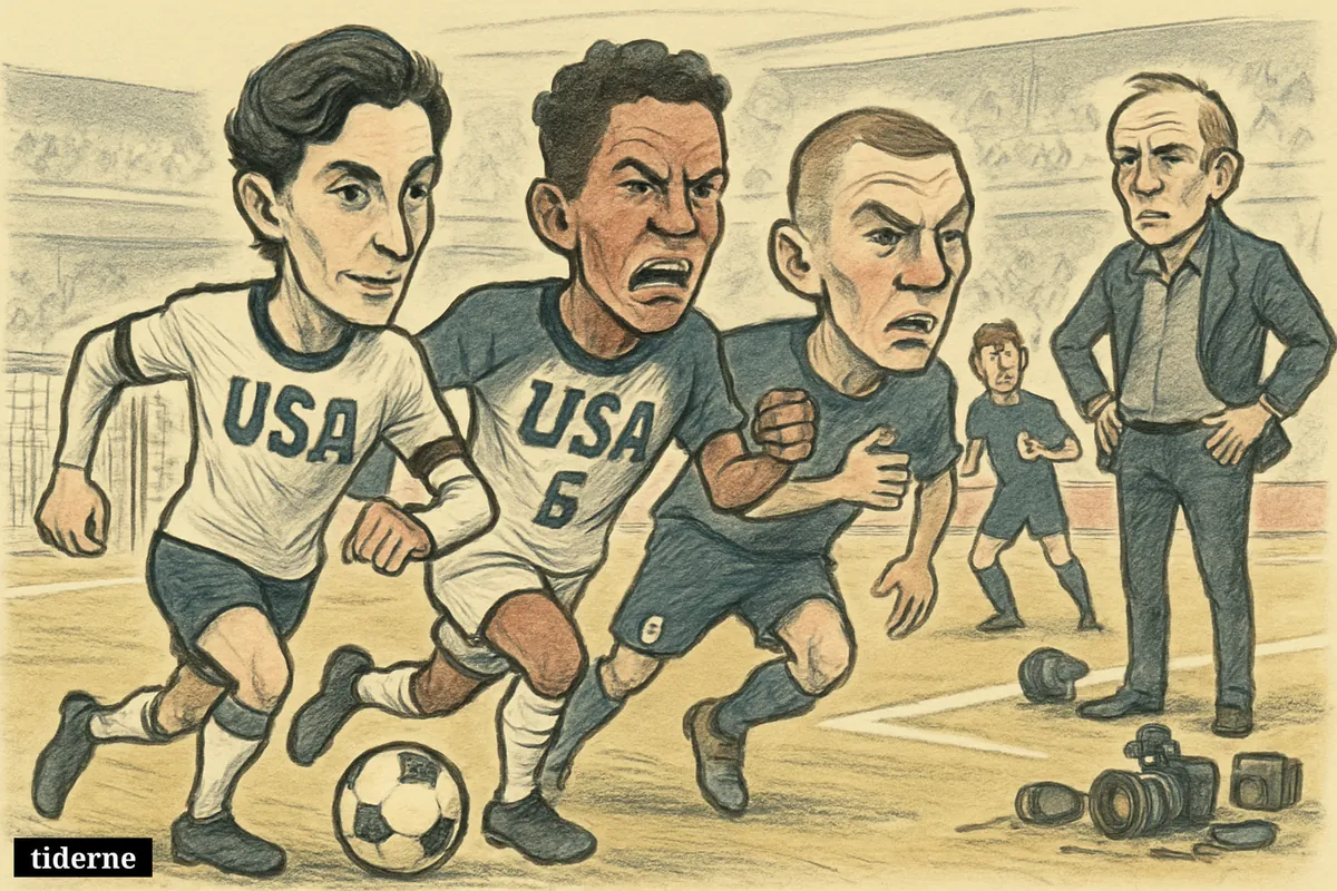 Three USA attackers surge forward on a soccer field while uncertain defenders and a worried coach trail behind before a Bosnia match.