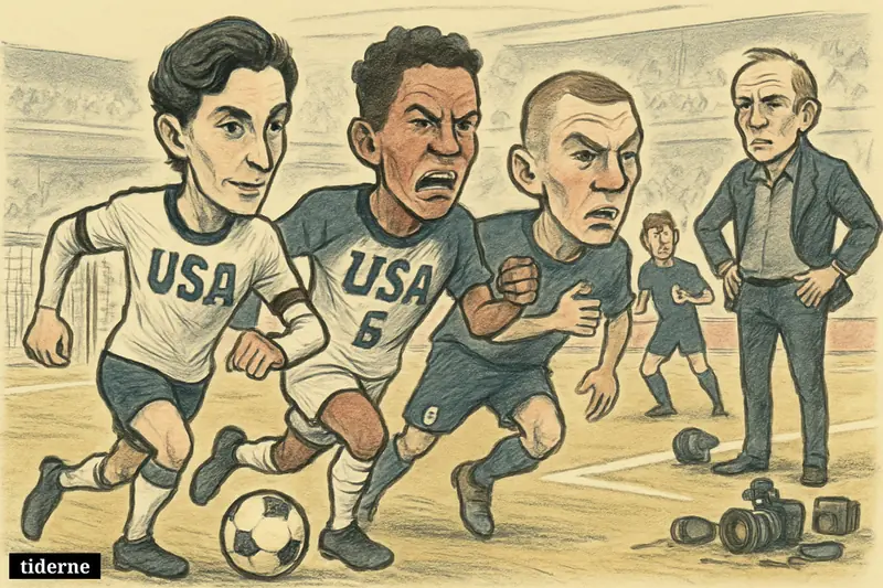Three USA attackers surge forward on a soccer field while uncertain defenders and a worried coach trail behind before a Bosnia match.