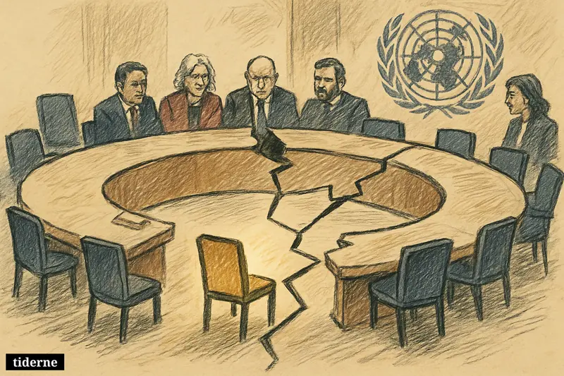 Dark circular council table cracked at the center, with one illuminated chair pulled back into shadow on black background (AI-genereret illustration)