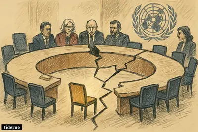 Dark circular council table cracked at the center, with one illuminated chair pulled back into shadow on black background (AI-genereret illustration)