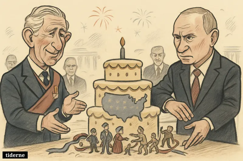 Caricature of King Charles III and Vladimir Putin facing off beside a U.S. anniversary cake while small historical figures struggle around it.