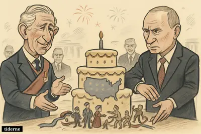 Caricature of King Charles III and Vladimir Putin facing off beside a U.S. anniversary cake while small historical figures struggle around it.