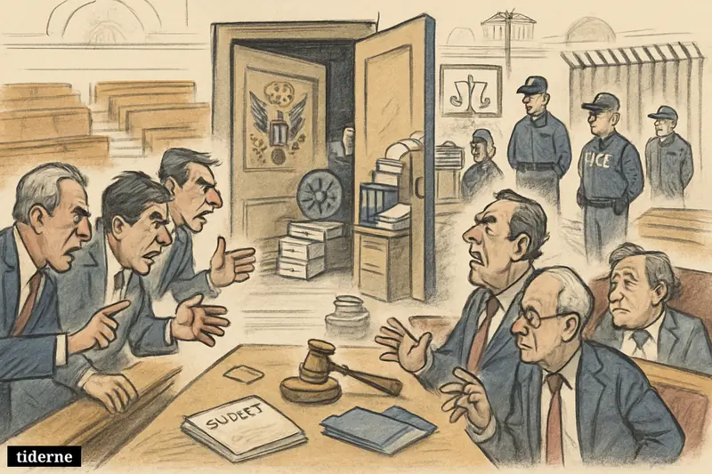 Caricature of lawmakers reopening a U.S. security department in Congress while immigration enforcement and border funding remain in limbo.