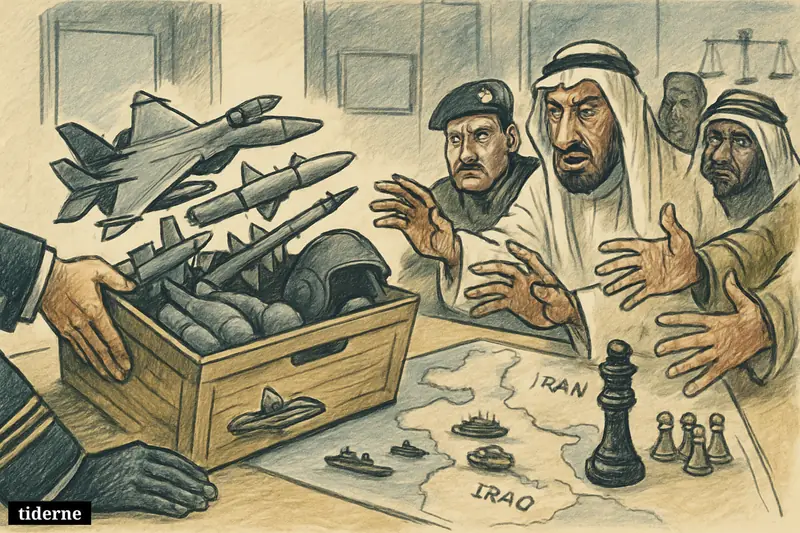 A tense briefing room shows U.S. weapons being offered across a table toward Middle Eastern allies over a map filled with military symbols.