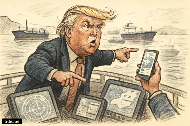 Donald Trump on a ship deck points toward crowded tanker traffic in the Strait of Hormuz beside disrupted tracking screens and a phone.