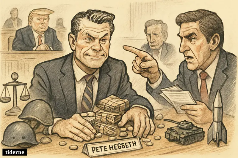Pete Hegseth faces sharp questioning in Congress as piles of war money and military props surround him, with John Garamendi and Donald Trump nearby.