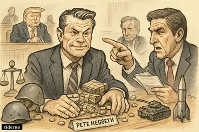 Pete Hegseth faces sharp questioning in Congress as piles of war money and military props surround him, with John Garamendi and Donald Trump nearby.