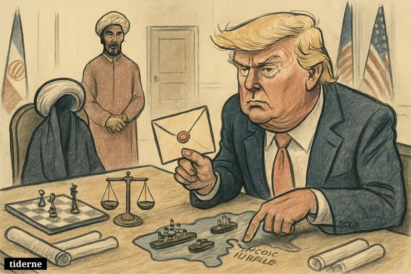 Donald Trump caricature presents a sealed reply at a negotiation table with Hormuz map models, diplomatic props, and an unseen Iranian counterpart.