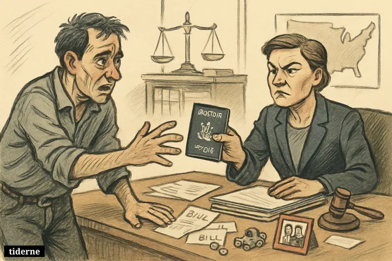 A worried parent reaches for a confiscated passport across a government desk while a stern official sits beside bills, files, and a child’s toy.