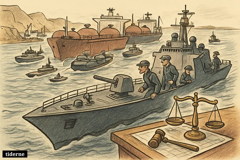 An American warship blocks oil tankers in a narrow sea passage near Iranian ports, with patrol boats, port cranes, and sanction symbols.