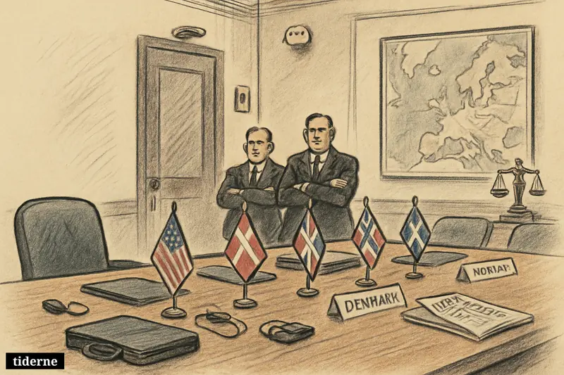 A tense secure meeting room in Washington with Nordic and US flags, empty chairs, sealed folders, guards, and security-themed props. (AI-genereret illustration)
