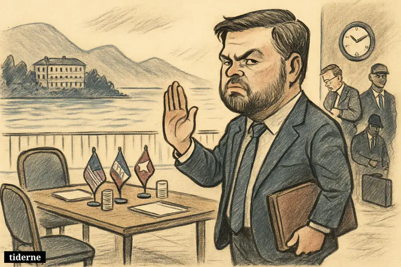 Caricature of J. D. Vance turning away from an empty Switzerland negotiation table as aides keep preparing for postponed USA-Iran talks.