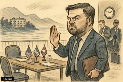 Caricature of J. D. Vance turning away from an empty Switzerland negotiation table as aides keep preparing for postponed USA-Iran talks.