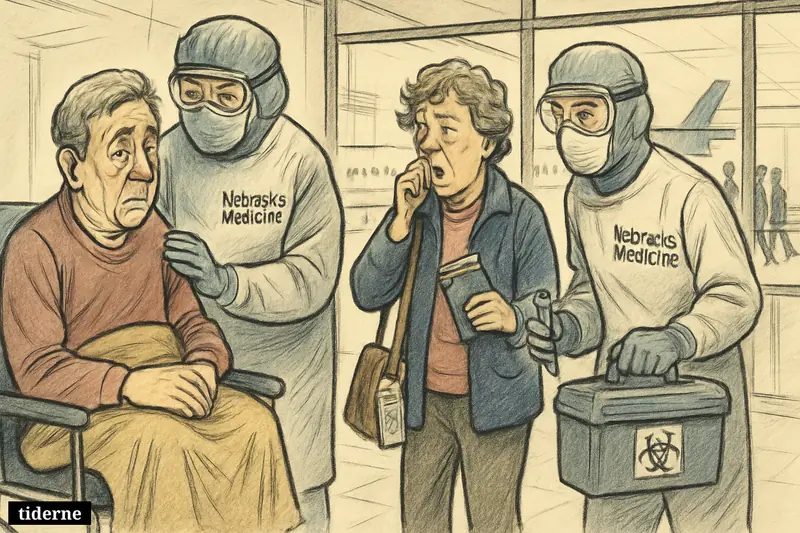Two isolated travelers are separated by medical staff in a quarantine corridor, with a charter plane and other escorted passengers behind them.