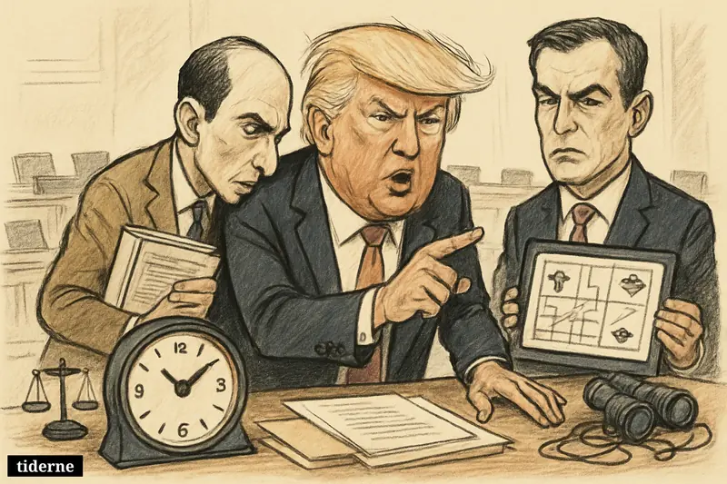 Trump, Stephen Miller, and John Ratcliffe in a tense congressional hearing room surrounded by surveillance files, a ticking clock, and civil-liberties symbols.