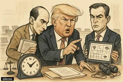 Trump, Stephen Miller, and John Ratcliffe in a tense congressional hearing room surrounded by surveillance files, a ticking clock, and civil-liberties symbols.