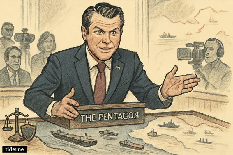 Pete Hegseth speaks at a Pentagon podium over a map of Hormuz, with cargo ships foregrounded and military vessels kept in the background.