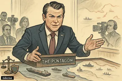 Pete Hegseth speaks at a Pentagon podium over a map of Hormuz, with cargo ships foregrounded and military vessels kept in the background.