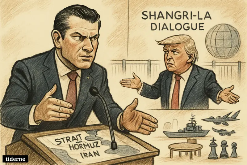 Pete Hegseth at a conference podium gestures over a Gulf map while Donald Trump looms behind, between diplomacy and military escalation.