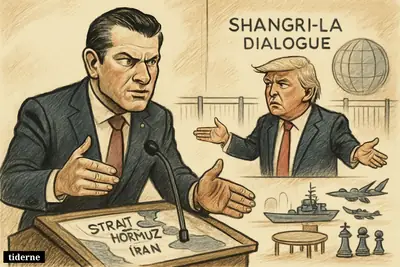Pete Hegseth at a conference podium gestures over a Gulf map while Donald Trump looms behind, between diplomacy and military escalation.