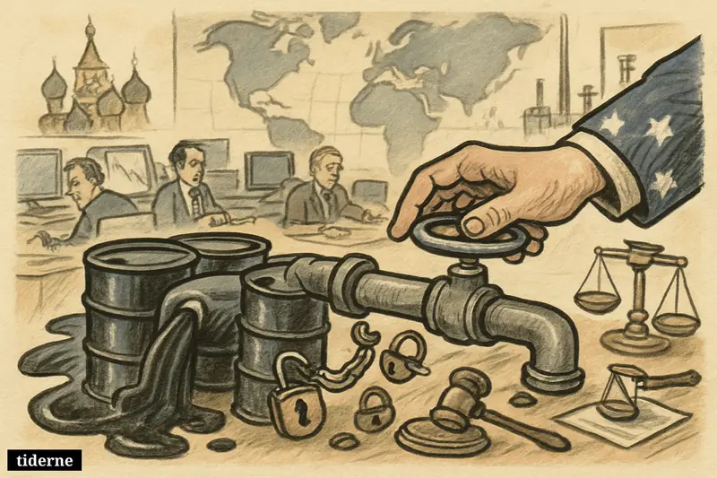 An American hand loosens an oil valve on a pipeline from the Kremlin in a trading room filled with barrels, broken restraints, and market symbols.