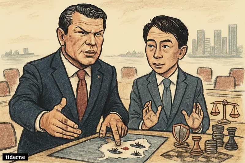 Caricature of Pete Hegseth and Shinjiro Koizumi at a Singapore security forum, gesturing over an Asia map with defense and alliance symbols.