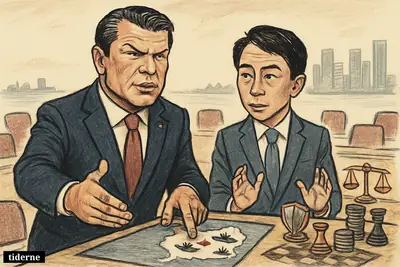Caricature of Pete Hegseth and Shinjiro Koizumi at a Singapore security forum, gesturing over an Asia map with defense and alliance symbols.