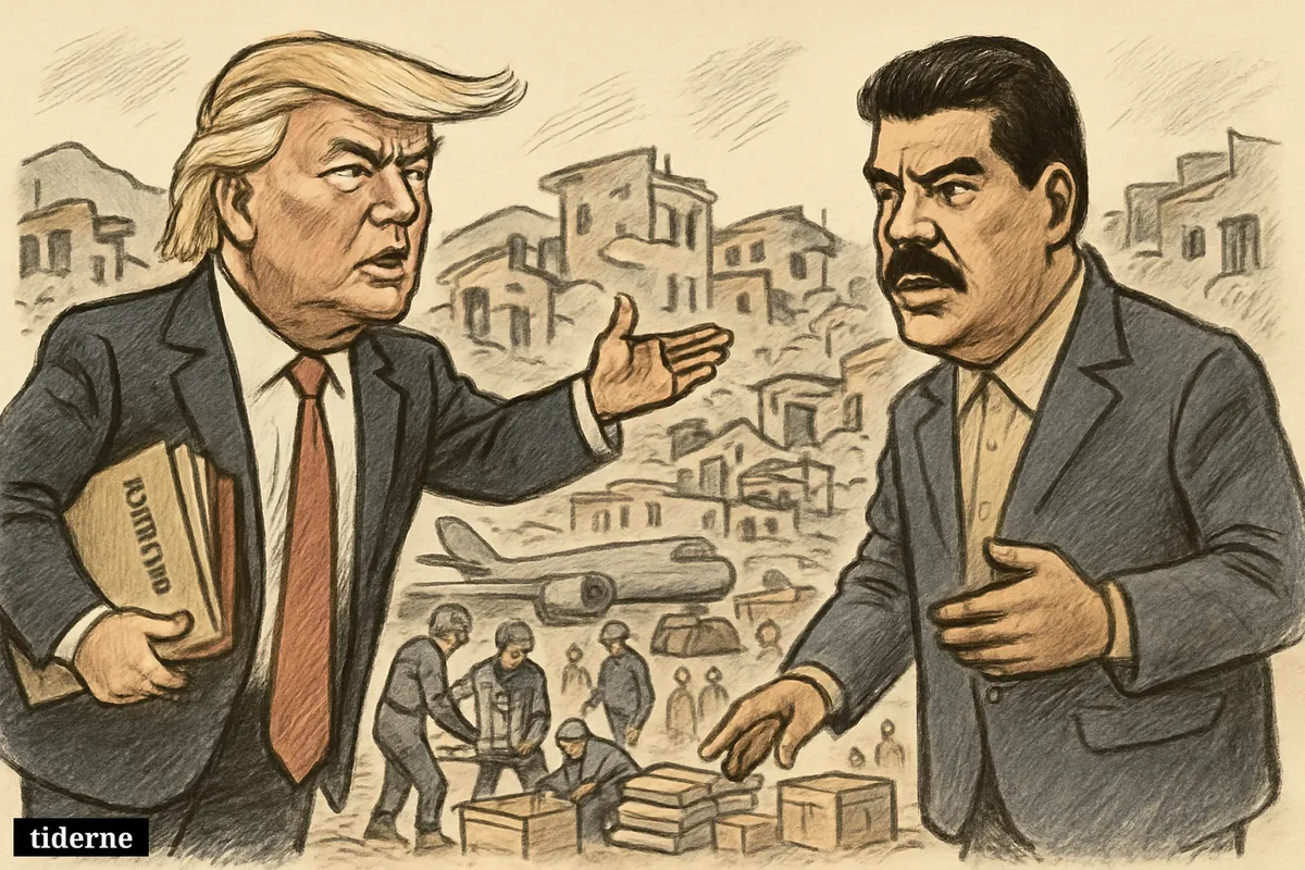 Caricatures of Donald Trump and Nicolás Maduro facing each other as emergency aid arrives in an earthquake-damaged Venezuelan city.