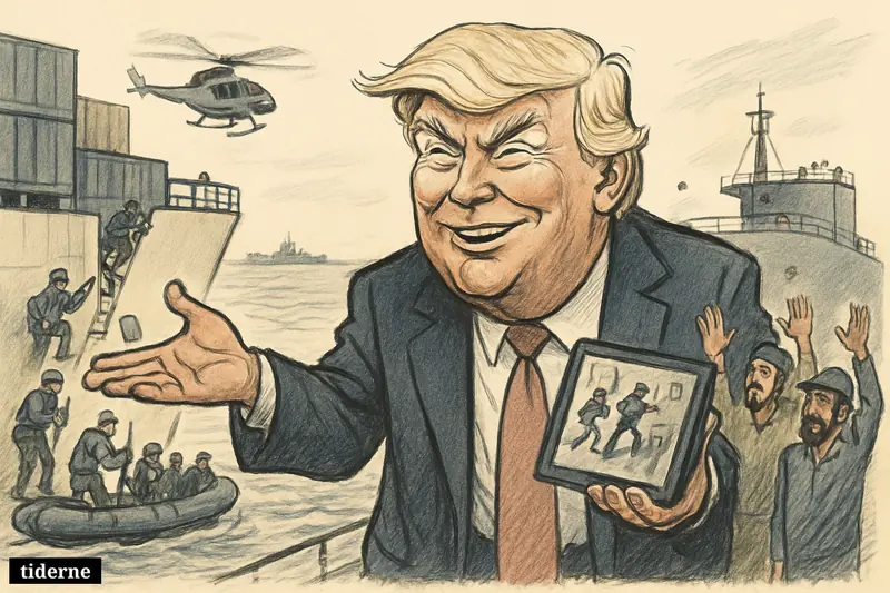 Donald Trump presents boarding footage on a cargo ship as U.S. forces secure the vessel and Iranian crew stand back in the Gulf.