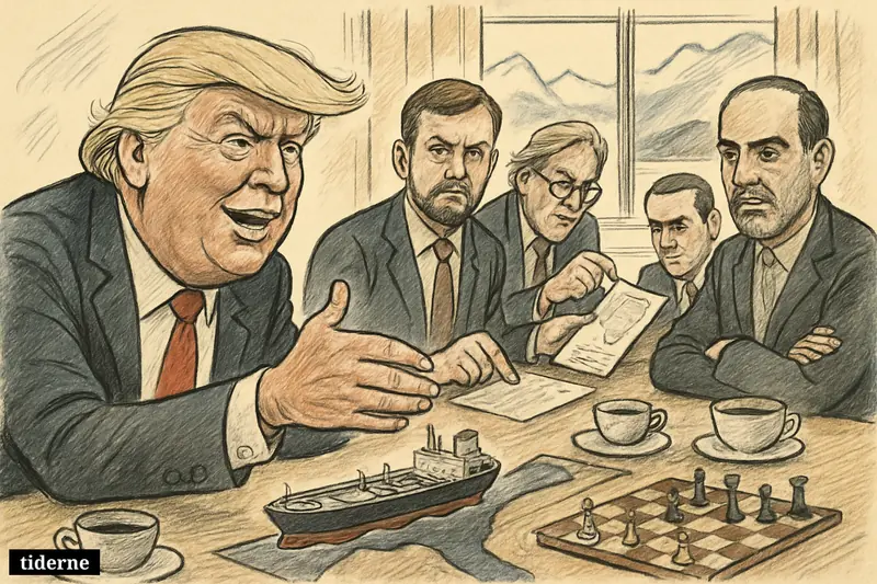 Trump and US aides face Iranian officials across a negotiation table in Switzerland, with a model tanker and chessboard symbolizing tense talks.