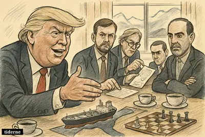 Trump and US aides face Iranian officials across a negotiation table in Switzerland, with a model tanker and chessboard symbolizing tense talks.