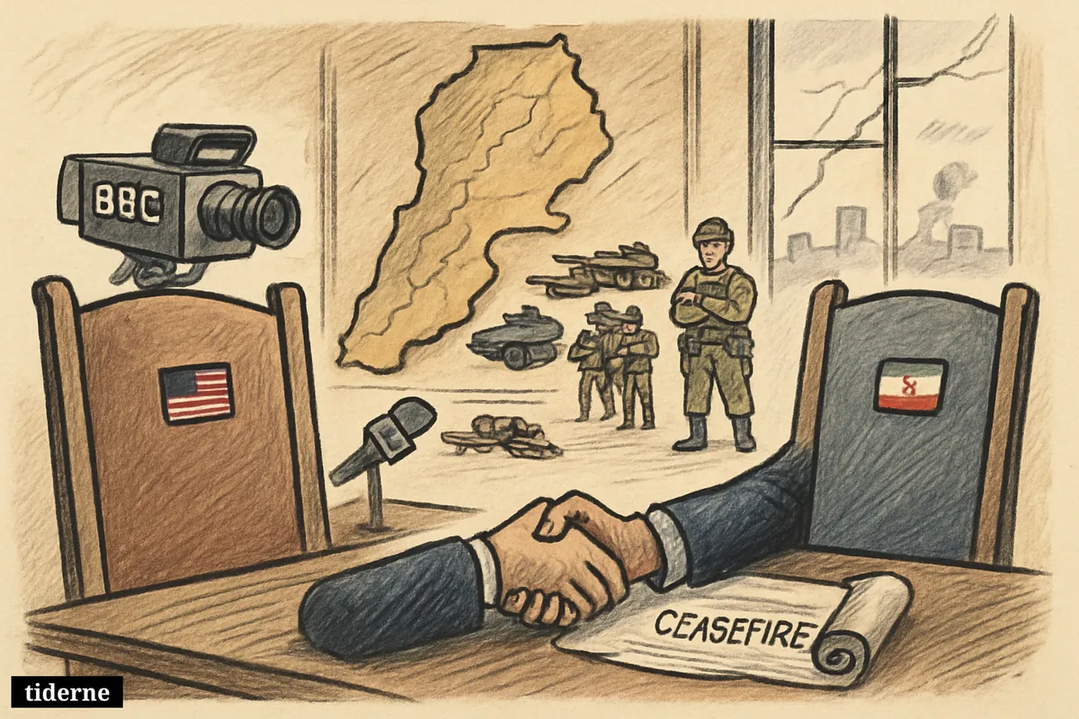 Empty US and Iranian negotiation chairs flank a ceasefire table over a Lebanon map, while Israeli soldiers remain in place and BBC gear observes.