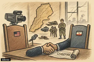 Empty US and Iranian negotiation chairs flank a ceasefire table over a Lebanon map, while Israeli soldiers remain in place and BBC gear observes.