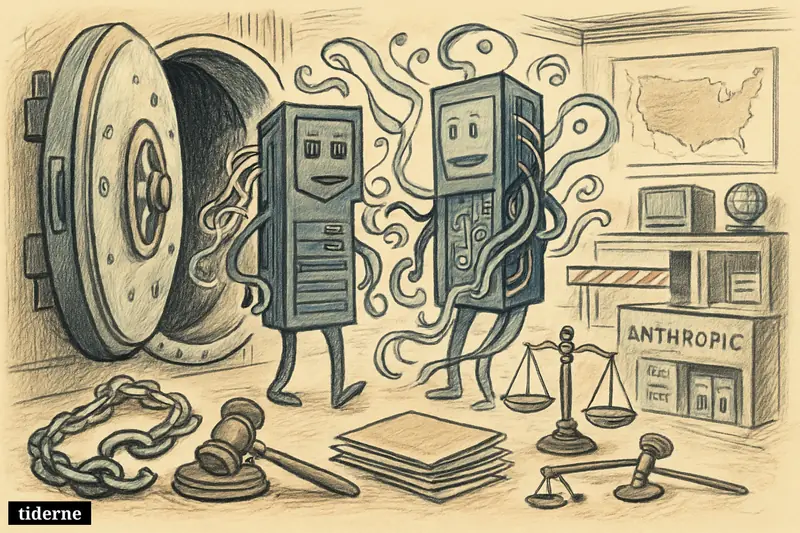 An open government vault releases two advanced AI server towers as broken locks, scales, and security props suggest lifted U.S. export controls.