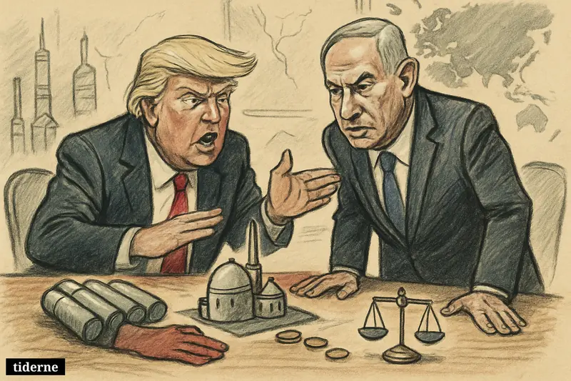 Caricature of Donald Trump and Benjamin Netanyahu pressing hard demands at a negotiation table with nuclear props and sparse concessions.