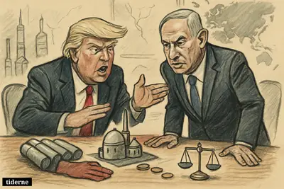 Caricature of Donald Trump and Benjamin Netanyahu pressing hard demands at a negotiation table with nuclear props and sparse concessions.