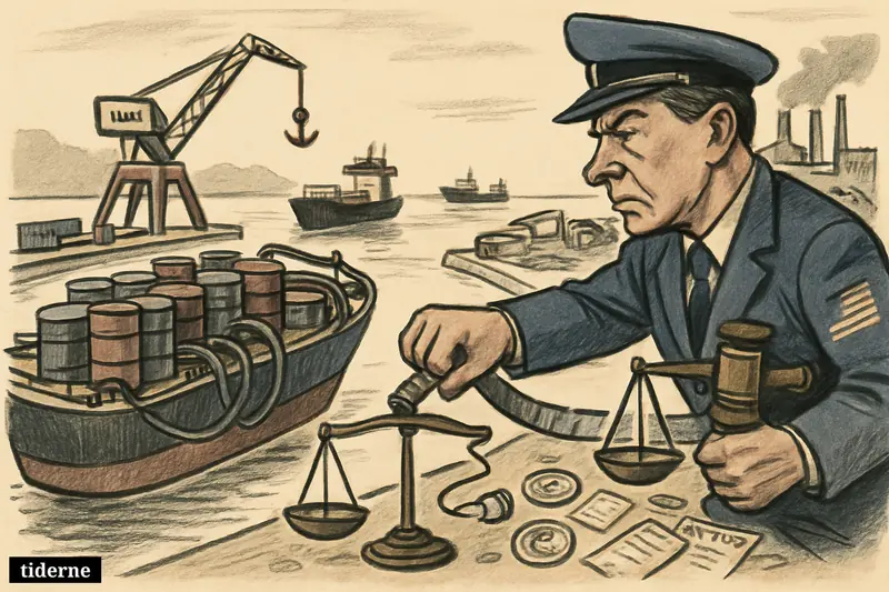 A caricature tanker trapped in a narrow strait as U.S. pressure blocks Iranian oil exports, shipping, banking, and trade.
