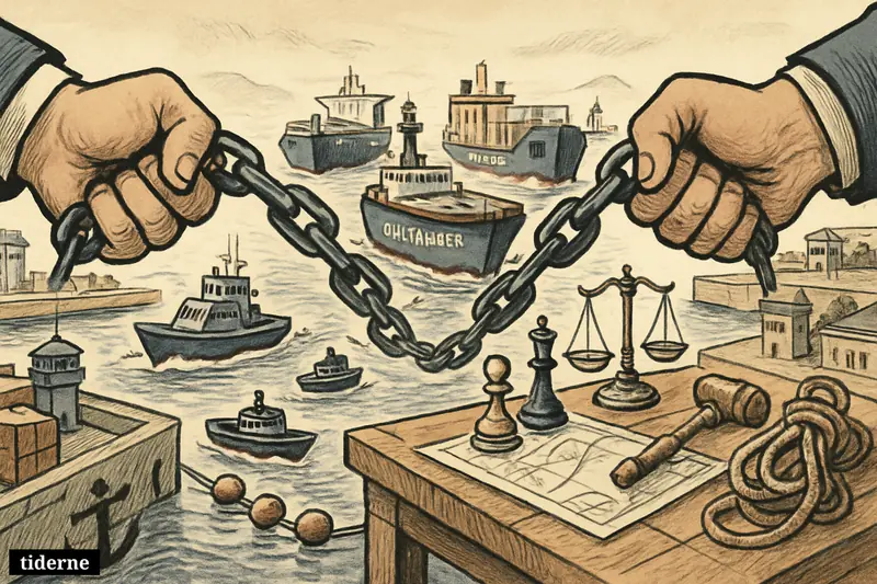 Caricature of crowded ships in the Strait of Hormuz as opposing hands tighten and loosen chains across a tense maritime passage.