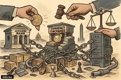 A tangled banking and technology network is chained shut as government hands impose sanctions, blocking routes toward a weapons-linked industrial site.
